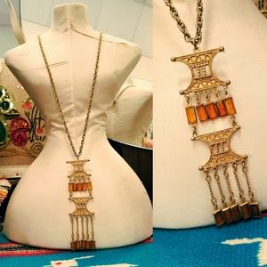 SOLD Vintage Pagoda Pendant Goldtone & Amber
